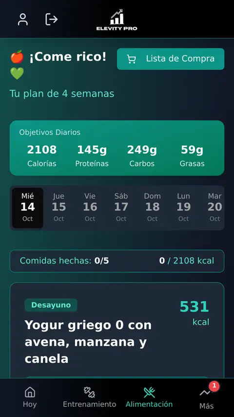Captura de la app ElevityPro: Alimentación