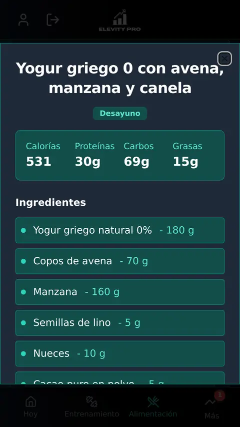 Captura de la app ElevityPro: Recetas